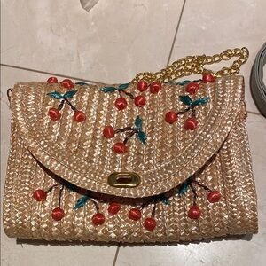 Cherry Embroidered Straw Clutch